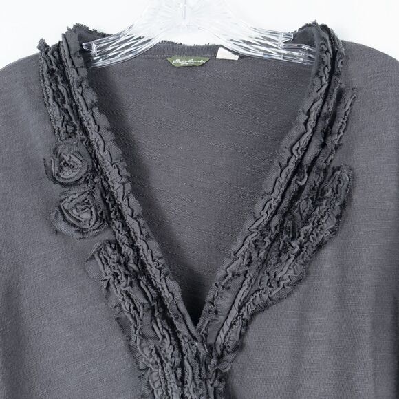 Eddie Bauer Floral Ribbon Trim Slub Knit Button Cardigan Womens Large Gray Boho - Picture 6 of 16